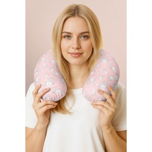 Kelebek Desenli Pamuklu Boyun Yastığı - Pastel Pembe Çocuk & Yetişkin Seyahat Yastığı Soluk Yosunlu Gri