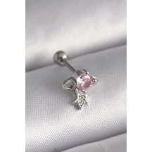 316l Çelik Gümüş Renk Pembe Zirkon Taşlı Sallantı Yıldız Detay Tragus Piercing Çok Renkli
