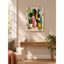 Ahşap Eskitme Çerçeve Desenli Tropikal Geometri Temalı Dekoratif Ahşap Tablo 52x72 Cm
