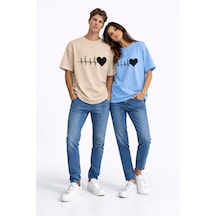Nevermınd Sevgili Kombini Kalp Ritmi Baskılı Çift Tişört Oversize Unisex Partner Kombin Çift Seti Bej-bebe Bej-bebe Mavi Bej-bebe Mavi