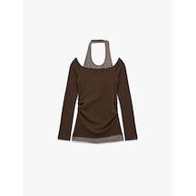 Koton Slim Fit Viskon Karışımlı Halter Yaka Uzun Kollu İkili Tişört Kahverengi 7wal10247ık Kahve
