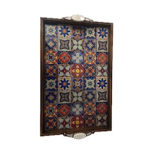 Geleneksel Kütahya Çini Desenli Ahşap Servis Tepsisi Kareli, El Yapımı Seramik Yüzey, 42x27 Cm, Dekoratif Sunum Tepsisi