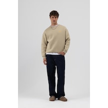 Vamos Oversize Bisiklet Yaka Baskılı Sweatshirt Haki
