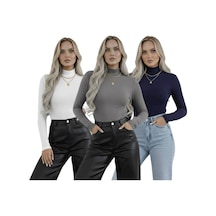 Hashtag Kadın Balıkçı Yaka Uzun Kollu Body 3'lü Set Viskon Kumaş Lacivert Beyaz Gri