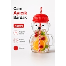 Sihirli Cam Ayıcık Bardak 450 Ml Kapaklı Pipetli Cam Kupa Ayı Figürlü İçecek Bardağı Kırmızı