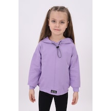 Toontoy Kız Çocuk Oversize Kapüşonlu Düşük Omuz Baskılı Nervürlü Sweatshirt - 2 İplik Lila