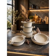 Obsidyen Prestige Mega Set 12 Parça Döküm Granit Tencere Tava Ve Sahan Seti 16-18-20 Cm Tencere 18-20-22 Cm Sahan 20-24-28 Cm Tava Cappuccino Kahverengi