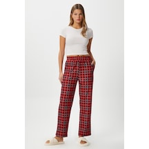 Ritnice Kadın Teddi Ultra Yumuşak Cepli Kırmızı Ekose Desen Yılbaşı Pijama Altı Koyukırmızı Koyu Kırmızı