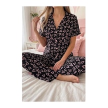 Fit Women Pembe Kalp Desenli Düğmeli Kısa Kollu Pijama Takımı 4590 Siyah