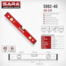 Sara S982-40 40 Cm Mıknatıssız Su Terazisi 3 Kapsüllü, 1,2 Mm Alüminyum Profil