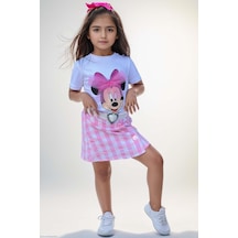 Riccotarz Kız Çocuk Minnie Baskı Ve Üzeri Tül Fiyonk Detaylı Tişört Ekose Desen Etekli Takım 001
