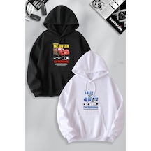 Macklin Sevgili Çift Kombin Mcqueen Ve Sally Ön Baskılı Özel Tasarım Kapüşonlu Sweatshirt 2li Set Takım Siyah Beyaz Mck1148 Çok Renkli