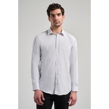 İmza Beyaz Uzun Kol Çizgili Desen Bez Ayağı Yarım İtalyan Yaka Cepsiz Esnek Classic Slim Fit Gömlek 1004245217 Beyaz