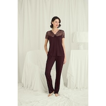 Monamise Kadın Kısa Kollu Ve Dantelli V Yaka Pijama Takımı 18712 MÜRDÜM
