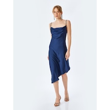 Koton İp Askılı Degaje Yaka Asimetrik Midi Slip Saten Elbise Lacivert 5sak80008fw Lacivert