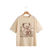 Uyguntarz Çocuk Oyuncak Ayı Baskılı Pamuklu Tshirt Bej
