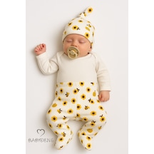 Babyden's Babydens Yenidoğan Bebek Hastane Çıkışı Seti 3'lü Pamuklu Zıbın Takımı Patikli Alt, Şapka, Arı Desenli Unisex Bebek Takımı Ekru