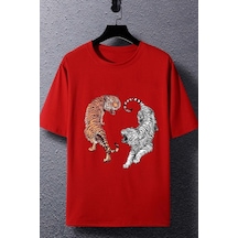 Flood Of Style Unisex Tiger Baskılı T-shirt Kırmızı