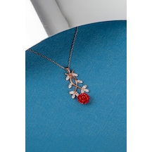 925 Ayar Gümüş Zirkon Taşlı Rose Renk Gül Bayan Kolye - 50 CM