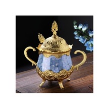 Kaşıklı Şekerlik Reçellik Kase Mavi Mermer Desenli Metal Gold Ahsen Model Altın