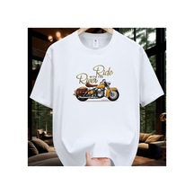Caddemia Yaz Moda Rahat Gevşek Büyük Boy Klasik Motosiklet Desen Baskılı Yuvarlak Yak Beyaz 2XL
