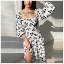 Novahub 2023 Bahar Kadın Baskılı Fener Kollu Yarık Elbise - Beyaz/pembe Kadın Mizaç Zarif Elbise - Yüksek Bel - Tek Parça - Uzun Kollu - Kazaklı - Polyester - Orta Boy - Banliyö Stili Beyaz