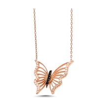 Kadın Kelebek Tasarım 925 Ayar Gümüş Rose Renk Kolye Rose Gold - Siyah