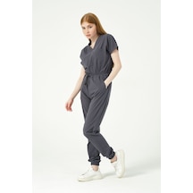 Füme Likralı Scrubs Jogger Paça Doktor Hemşire Forması Yarasa Kol Takım Unisex