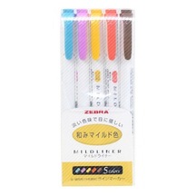 Hobi-Marketart-Zebra Mildliner Çift Uçlu Işaretleme Kalemi 5'li Set Sıcak Renkle