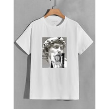Heykel Tasarım Süprem T-shirt - Beyaz Baskılı Oversize Bisiklet Yaka Kısa Kol Tişört Beyaz