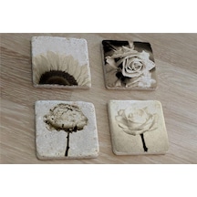 Siyah Beyaz Çiçekler Doğal Taş Bardak Altlığı 4'lü Set - Natural Stone Coasters - Taş Beyaz - Siyah