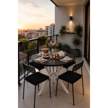 Siyah 4 Kişilik Minderli Balkon Takımı, Balkon Masası, Balkon Sandalyesi, Yuvarlak Masa, Yemek Masası, Mutfak Masa Sandalye Takımı, 4 Sandalye 1 Ma Siyah/beyaz-siyah