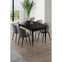Canisa Asfel Serisi Mdf 77x130 Siyah Mermer Desen Yandan Açılabilir Mutfak Masa Takımı 4 Gri Sandalye Siyah Mermer Masa Gri Sandalye