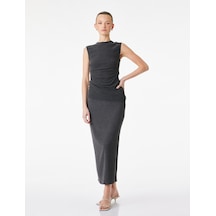 Koton Bürümcük Kumaş Asimetrik Kesim Drape Detaylı Kolsuz Bisiklet Yaka Bluz Antrasit 6sak10089ek