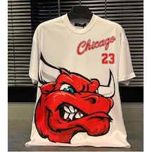 Startmore Erkek Beyaz Chicago 23 Baskılı Oversize Bisiklet Yaka Tshirt Beyaz