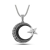 Gümüş Zirkon Taşlı Motifli Ay Yıldız Erkek Kolye Çok Renkli