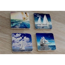 Deniz Ve Yelkenliler Doğal Taş Bardak Altlığı 4'lü Set - Natural Stone Coasters - Taş Çok Renkli