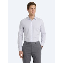 Kip Gri Çizgili Regular Fit Uzun Dokuma Casual Pamuk Karışımlı Gömlek