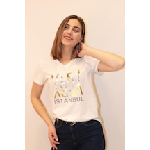 Rich Kadın V Yaka T-shirt %100 Pamuk Tişört Beyaz