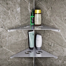 Paslanmaz Çelik 2 Katlı Köşe Banyo Rafı Defne Model 25,3x25,3 Cm - Yapıştırmalı & Vidalı Montaj Gri