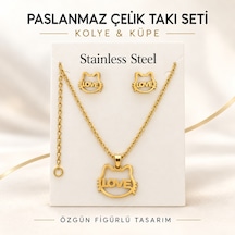 Paslanmaz Çelik Love Yazılı Kedi Figürlü Kolye Ve Küpe Seti Altın