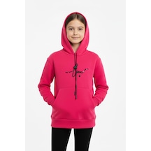 Kapşonlu Love Baskılı Kanguru Cepli Kız Çocuk Sweatshirt-90857 Fuşya