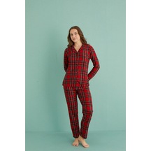 Pemilo Kadın 20501-264 Uzun Kol Önü Düğmeli Süet Pijama Takımı Kırmızı-haki Kırmızı