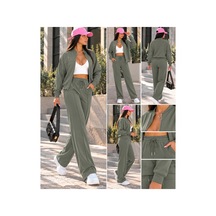 Gugus Kadın Fermuarlı Kolej Yaka Aysho Model Bol Paça Wide Leg Eşofman Takımı Haki