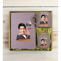 Bk Gift Kişiye Özel Dtf The Baba Karikatürlü Mat Gri Defter + Kahve Fincanı + Mum Seti 2