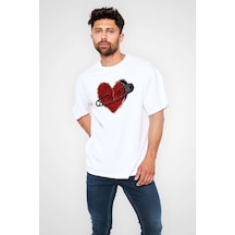 Erkek Kısa Kol Tişört Bisiklet Yaka Kalp Baskılı Oversize T-shirt - Beyaz