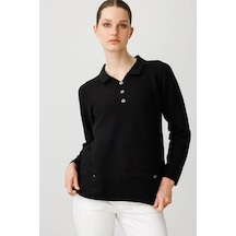 Desen Triko Kadın Polo Yaka Sahte Cepli Bluz 25243 Siyah Siyah