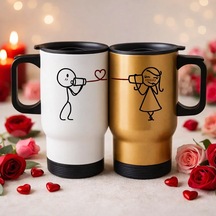 Bk Gift Sevgili Çift Tasarımlı 2li Kulplu Beyaz&gold Çelik Termos Mug 450 Ml -25, Sevgiliye Hediye, Sevgililer Günü Hediyesi Kobitmeyencom36226 Bk Gif