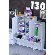 Ohbe 95 + 35cm Genişlik 160cm Boy 32,5cm Derinlik Kirli Sepetli 3 Kapaklı Çok Amaçlı Banyo Dolabı 95 + 35cm