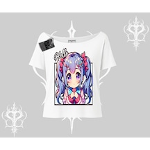 Tarzsokak Kayık Yaka Tshirt Hello Anime Kız Sevimli Karakter Baskılı Beyaz